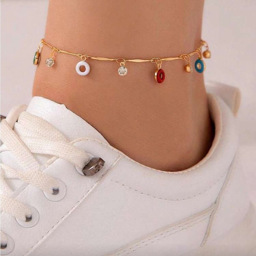 Gold Charm Anklet with Multicolor Pendants R186